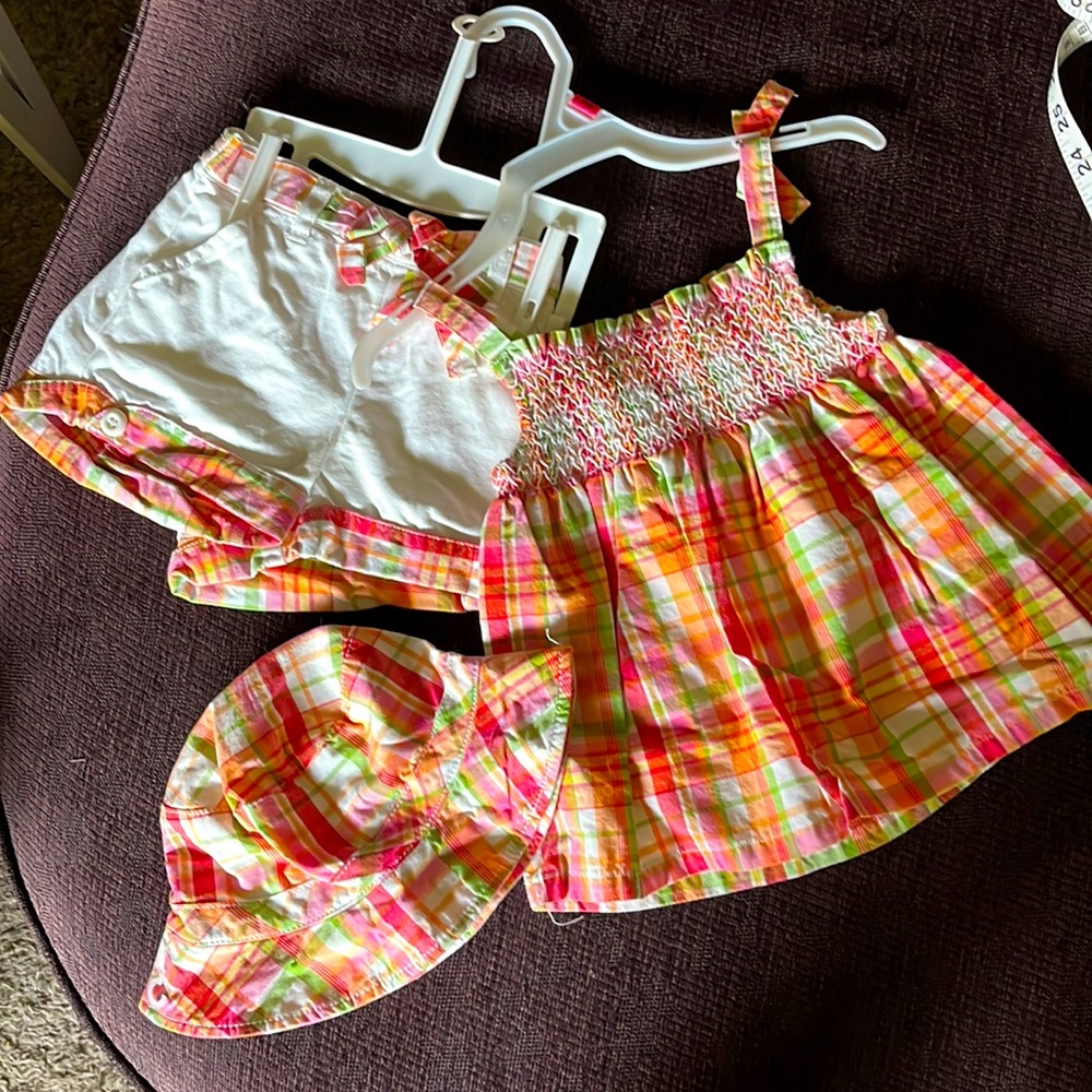 Gymboree Pink Orange Green Plaid Sun Dress, White Shorts & Matching Hat